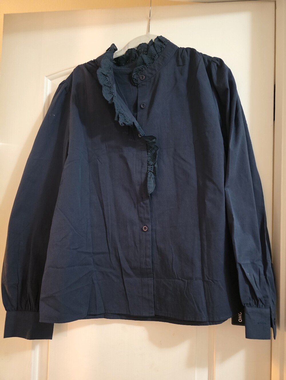 NWT Navy Ruffled Collar "Denim" Button-Up Blouse